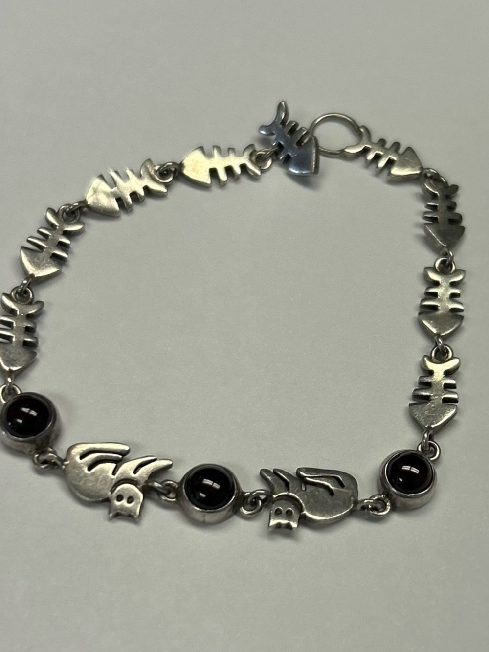 Vintage Fish bones cat garnet gemstone link bracelet sterling silver 925 - Picture 6 of 16